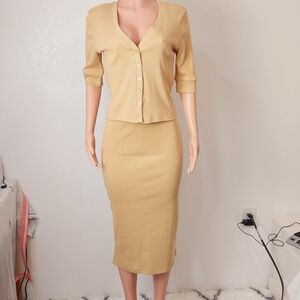 Bagatelle Camel Tan Stretch Cotton 2Piece Midi Pencil Skirt Top Set Sz: S